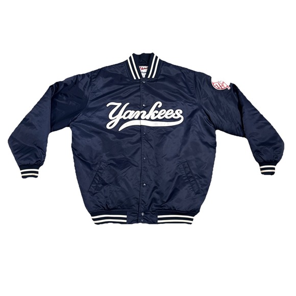 VINTAGE New York Yankees Jacket Mens 2XL Blue Satin MLB Baseball 90s Majestic